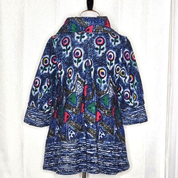 Damee Inc Wearable Art Vintage Blue Abstract Floral 3/4 Sleeve Swing Coat Jacket - Picture 10 of 12